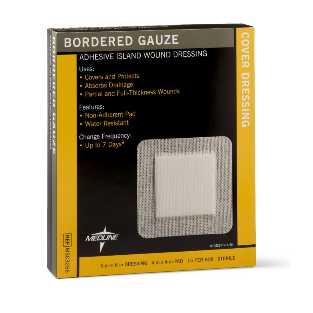 A box of Medline Bordered Gauze Adhesive Island Wound Dressings, with a soft absorbent pad and non-adherent center, is shown with product details and features on the yellow and black packaging.